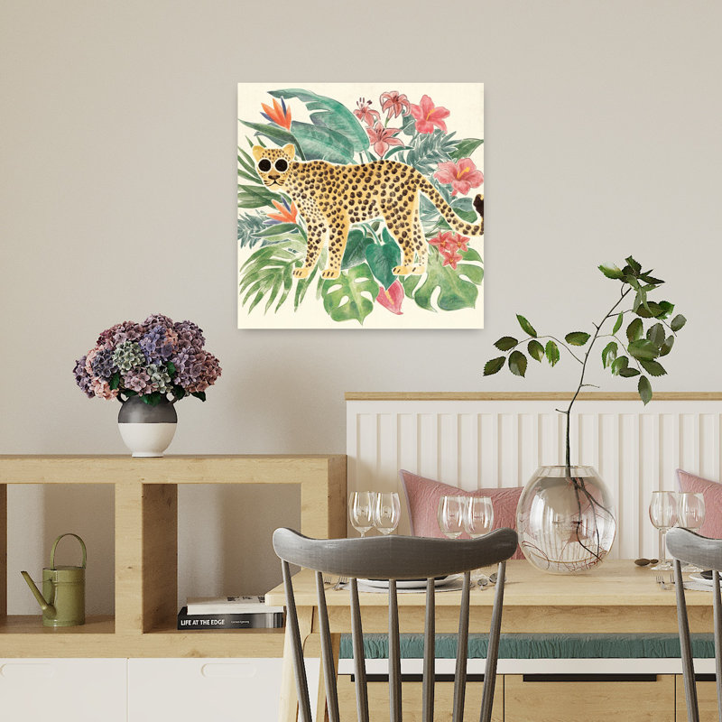 Jaguar, art abstrait, fougère, hibiscus, fleurs tropicales, H 18 po x l 18 po