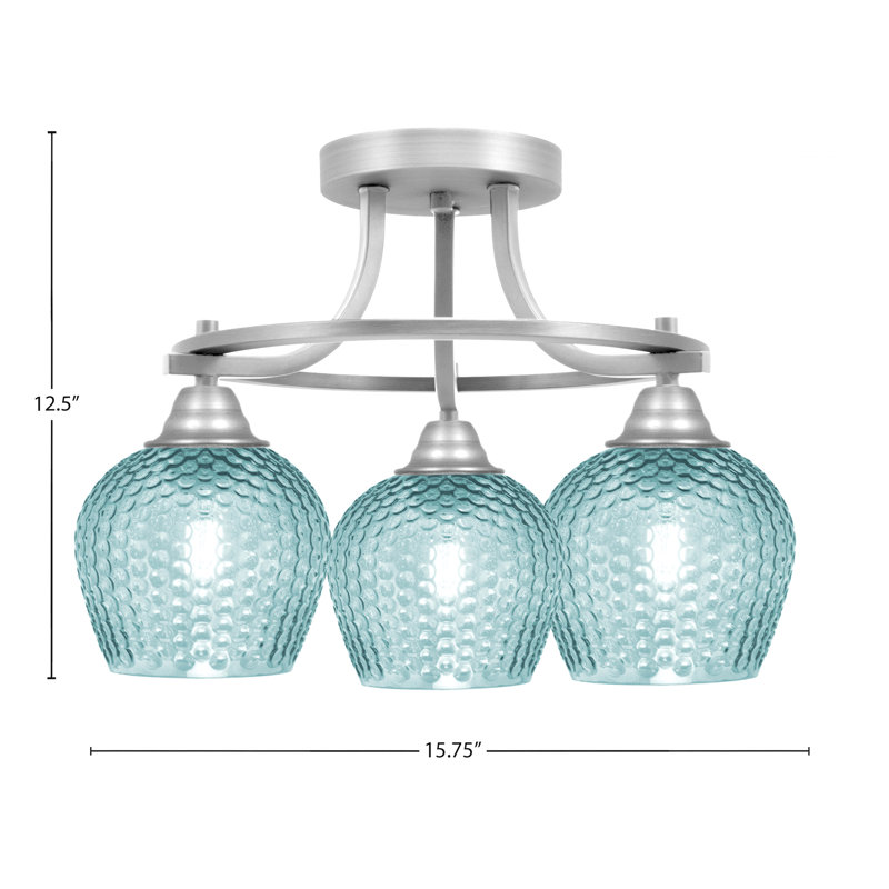 Verre turquoise 6 "à finition nickel brossé semi-encastré 3 ampoules Amancio, Nickel brossé, Sarcelle