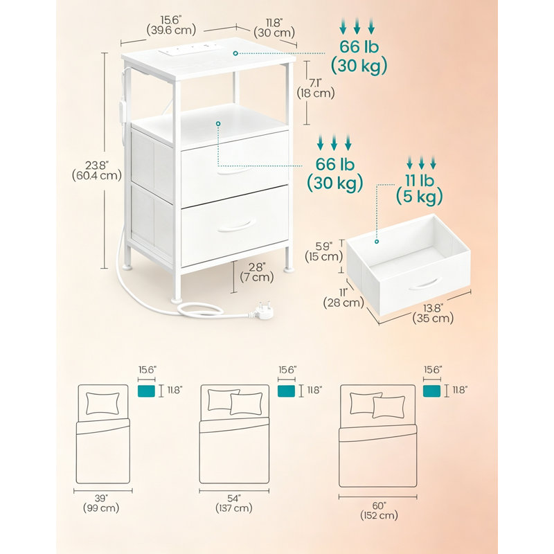 39.6 cm W Steel Bedside Table