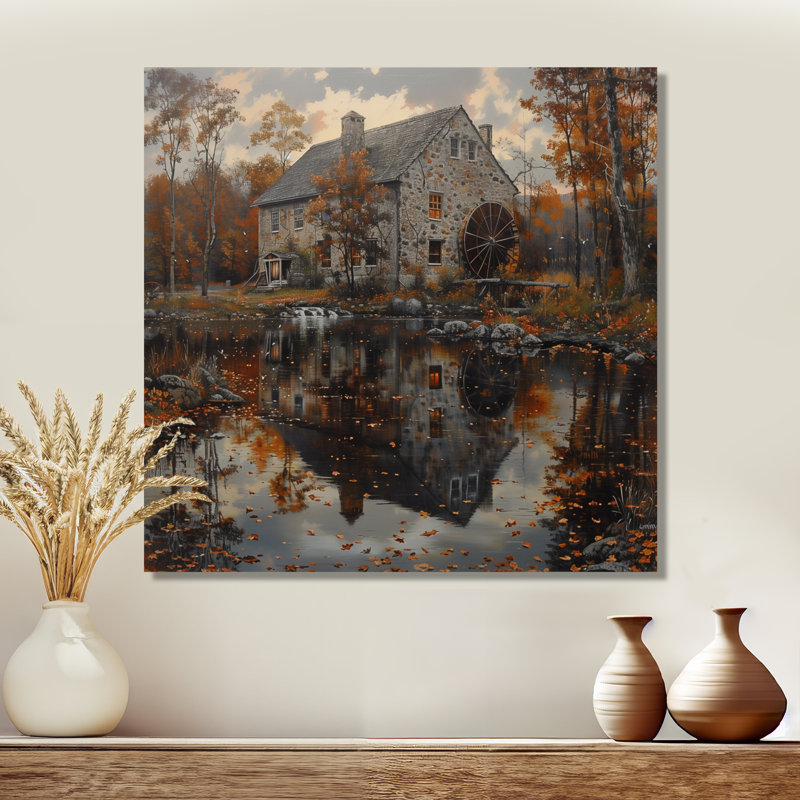 «Gray Orange Autumn Heritage Haven Mill Photo - Mills», reproduction d'art murale, H 36 po x l 36 po, Sans cadre, métal