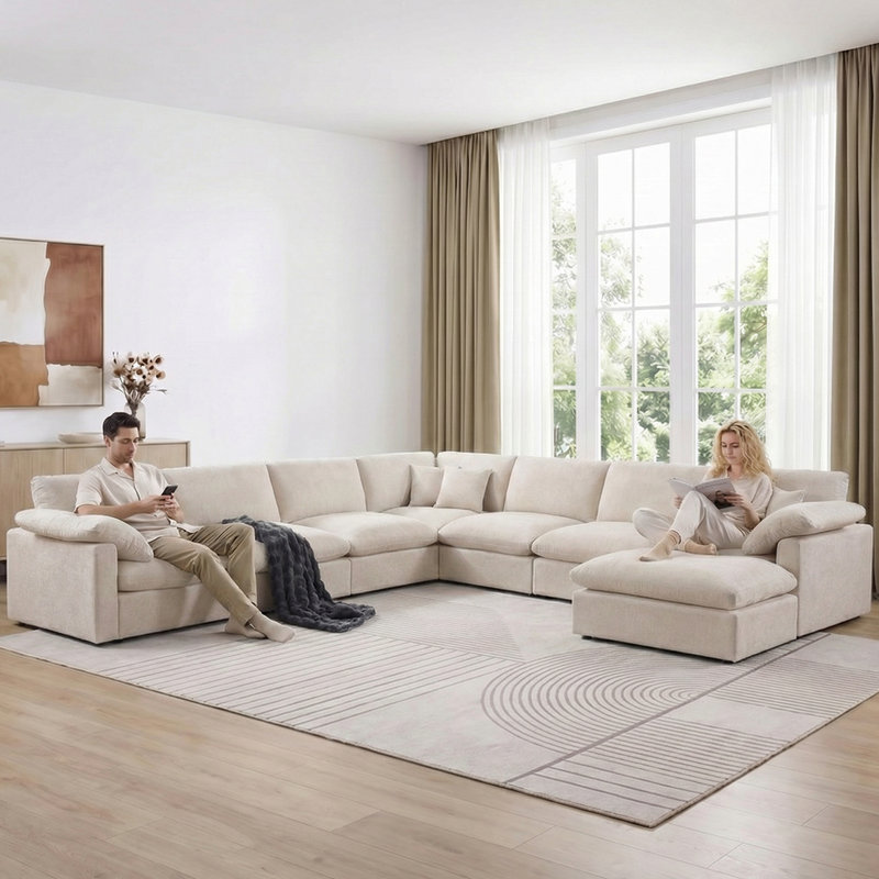 144" Chenille Modular Sectional Sofa 8 Seat Oversized Upholstered Cloud Couch With Corner & Movable Ottoman, Beige Chenille