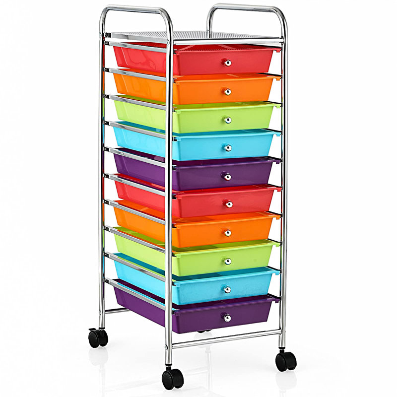 Halley 10 Drawer Storage Drawer, Chrome, Red/Orange/Blue