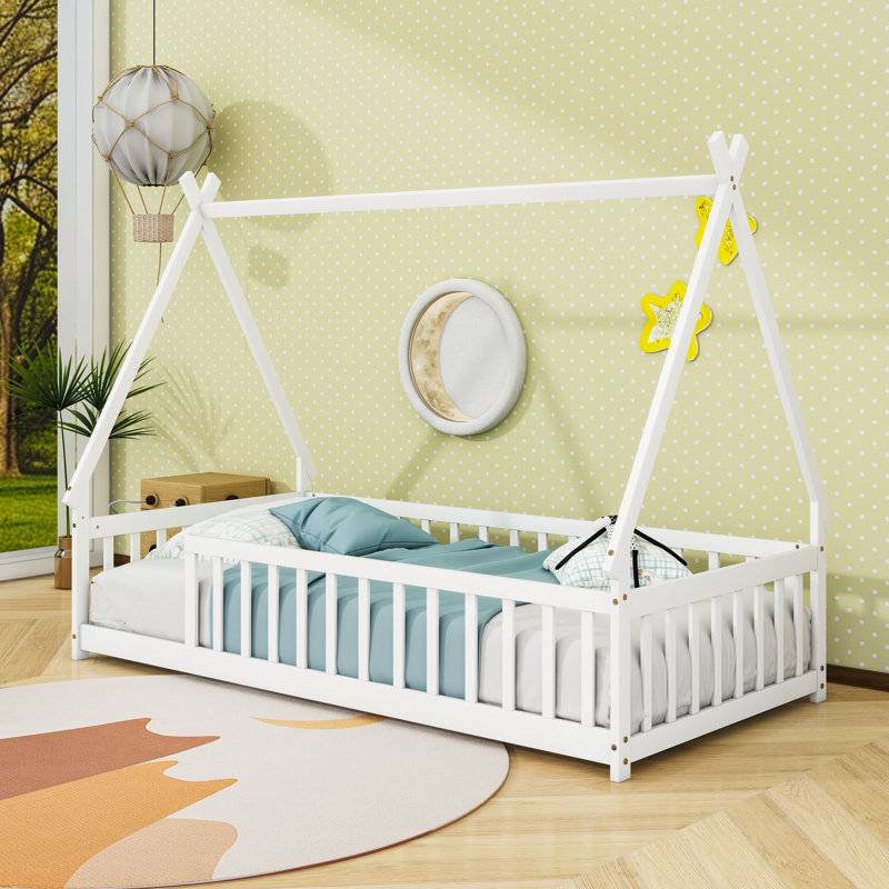 Twin Wood Tent-Shaped Teepee Bed With Guardrails, White