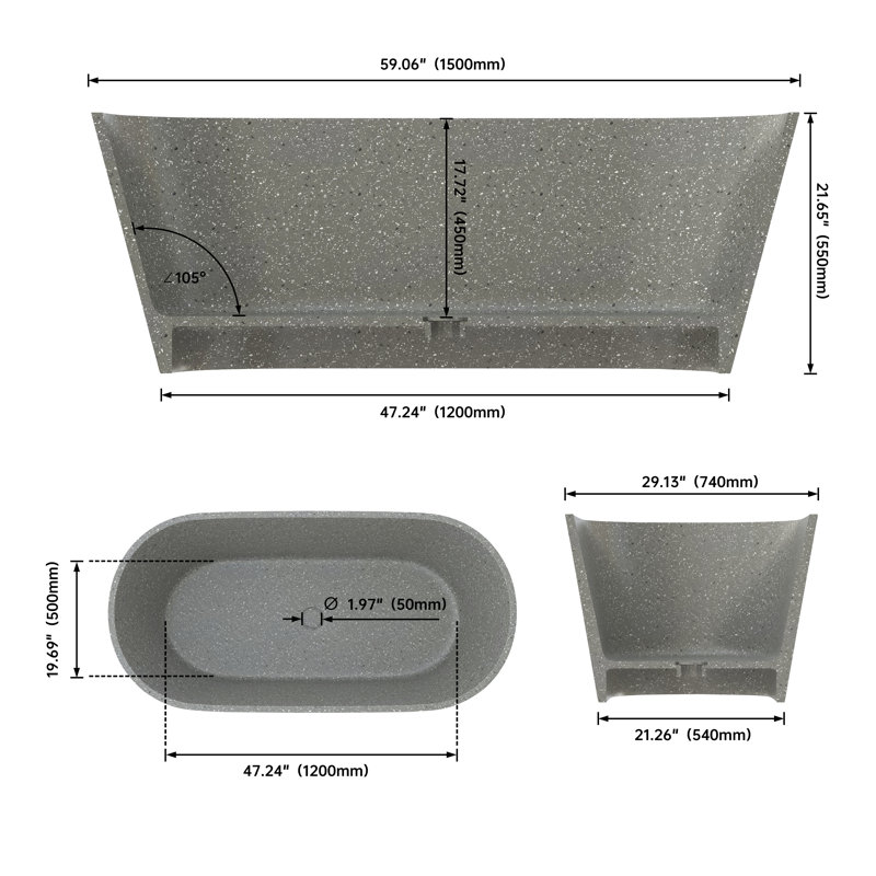 59'' Freestanding Soaking Terrazzo Bathtub With Center Drain, Gray