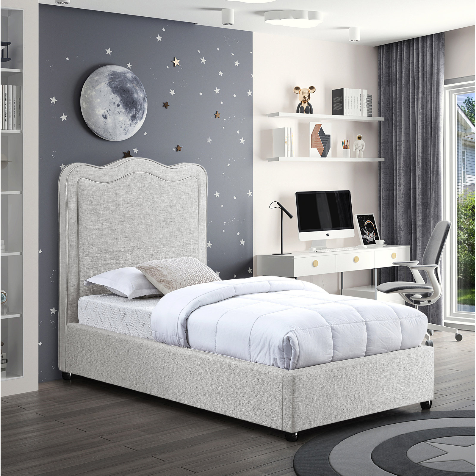 Felix Upholstered Bed, Twin, Cream Linen