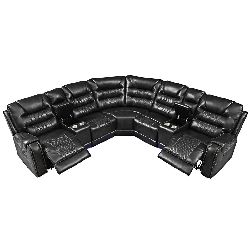 Ensemble de canapé modulaire manuel inclinable en L à mouvement symétrique avec porte-gobelets et bande DEL, Similicuir noir