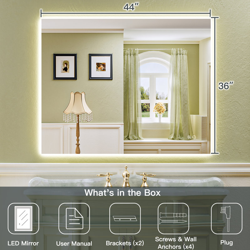 Bathroom LED Mirror with Backlit, Anti Fog Lighted Vanity Mirror with Stepless Dimmable, ETL Listed, IP54 Waterproof, CRI90+, HD Tempered Glass