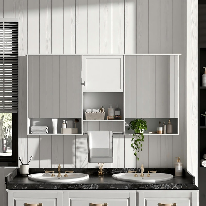 Armoire à miroir 55 po 3-en-1 à fixation murale 55 po avec tablette réglable, charnières à fermeture en douceur, panneau de fibres à densité moyenne de haute qualité, pour meuble-lavabo, salon, rangement de chambre à coucher