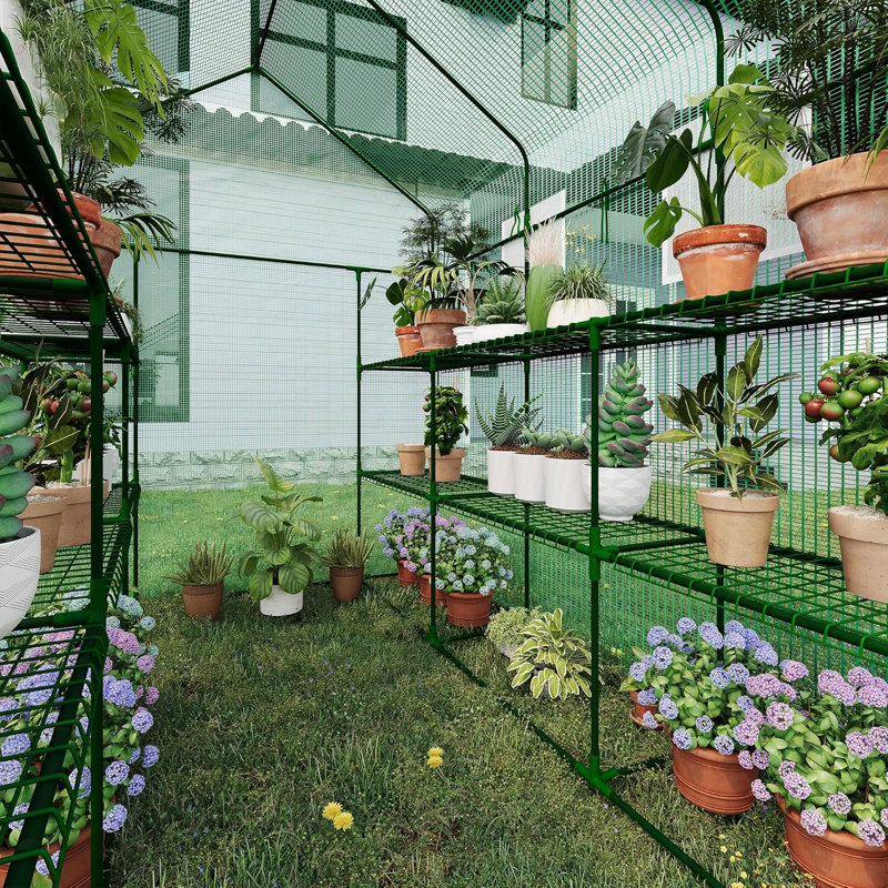 Walk-In Greenhouse with 8 Shelves, 57" x 85" x 77" Outdoor Greenhouse with PE Cover and Mesh Windows for Backyard, Patio, or Garden