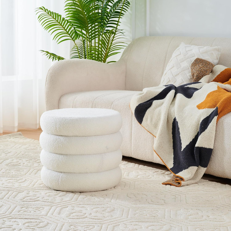 Repose-pieds rond avec rangement, tabouret Sherpa moderne, tabouret de coiffeuse Teddy avec plateau rabattable, Blanc