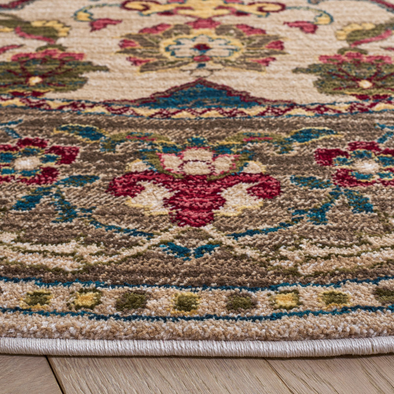 Bisen Performance Oriental Rug, Round 6'7", Ivory/Taupe
