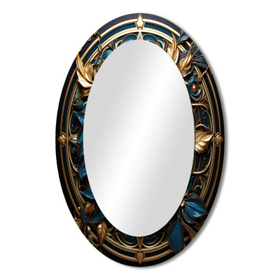 Gold And Teal 3D Flowers Ancient Seal II - Gold Oval Wall Mirror Decor