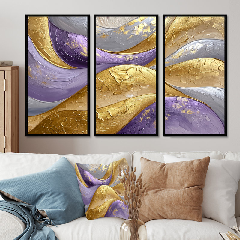 Abstrait doré lavande fractale vagues II - art mural vagues - ensemble de 3, H 28 po x l 36 po, Noir