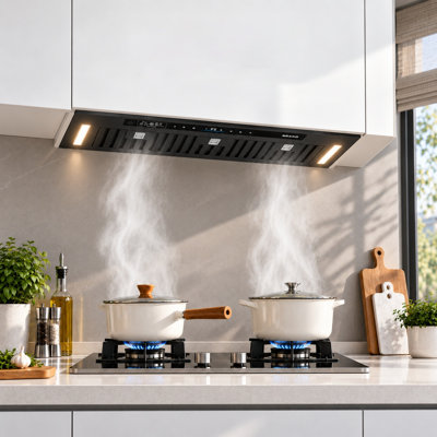 Hotte de cuisine encastrable convertible de 91 cm (36 po) et 900 pi³/min (25,4 m³/min) avec commandes vocales, gestuelles et tactiles, 4 vitesses, filtre à chicane lavable au lave-vaisselle et filtre à charbon inclus pour une utilisation sans conduit.