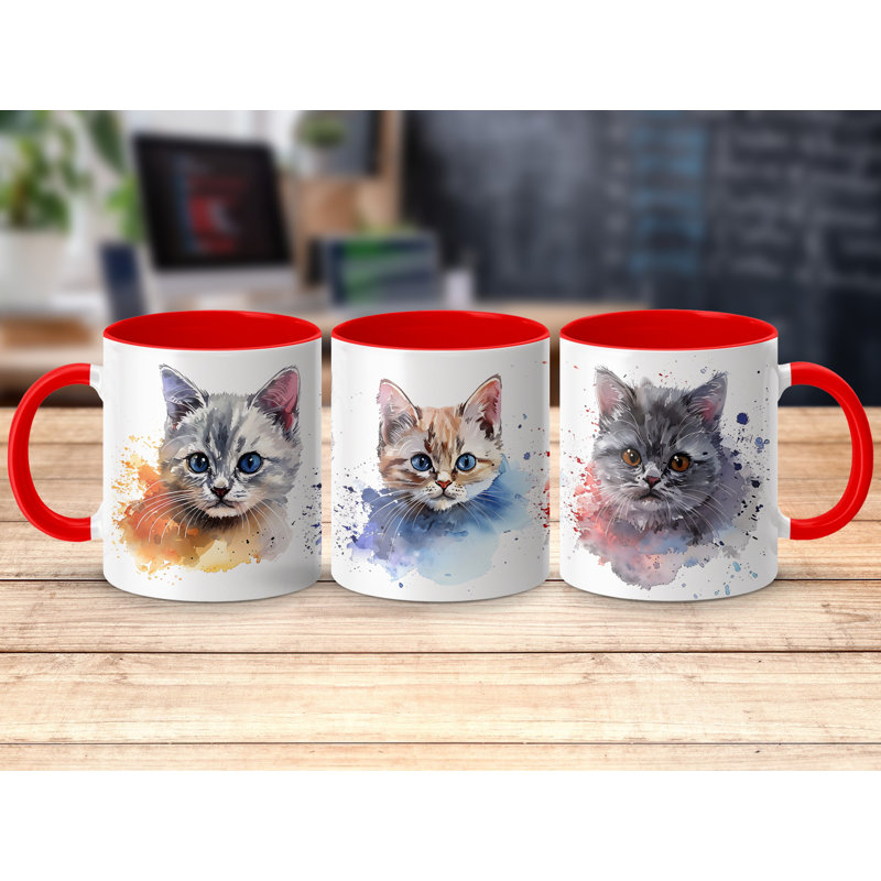 Cat Design 11oz Accent Mug – White Ceramic Coffee Cup with Colored Handle and Interior, Red, 3