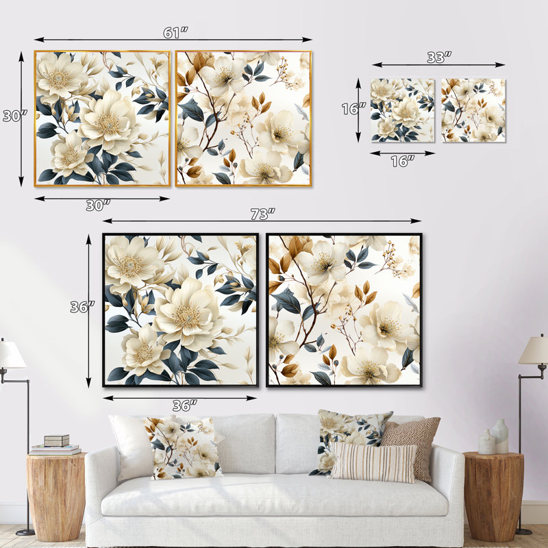Meira - Ensemble de 2 collages carrés floraux, Cadre flottant blanc, H 30 po x l 61 po