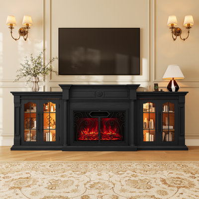 Meuble télé modulaire de 264 cm avec foyer intégré, centre de divertissement avec éclairage DEL, prises électriques et rangements, grande console multimédia avec foyer électrique de 76 cm et portes à volutes rétro, noir