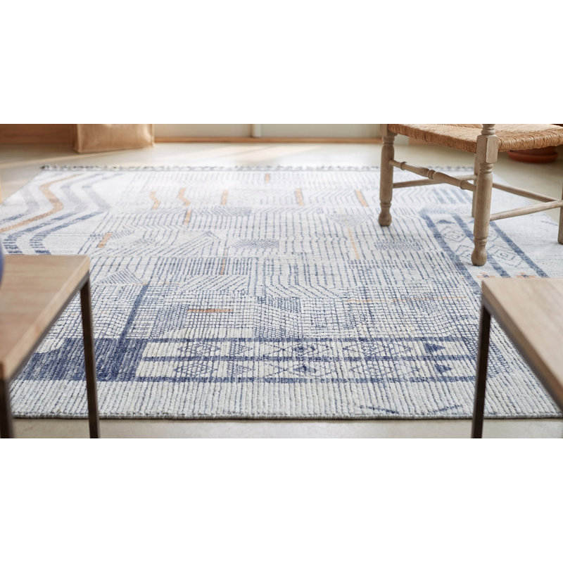 8x11 Ivory Hand-Knotted Wool Linear Maze Motif Tribal Modern Contemporary Carpet Rug