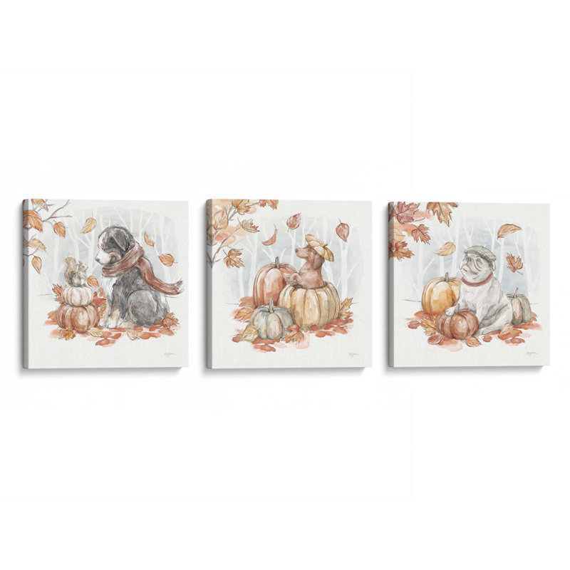 «Pumpkin Patch Pup», ensemble de 3 impressions sur toile, H 12 po x l 36 po, Toile tendue, Toile tendue