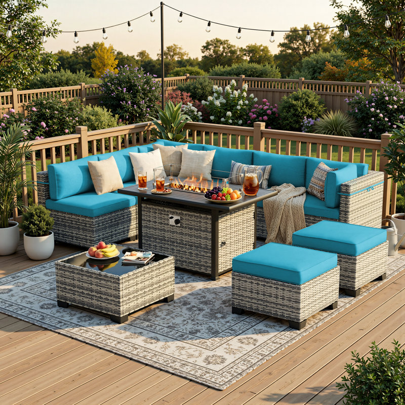 Ensemble de conversation de patio 10 pièces avec table de foyer au propane de 55 000 BTU, canapé modulaire en osier, 2 repose-pieds et table basse