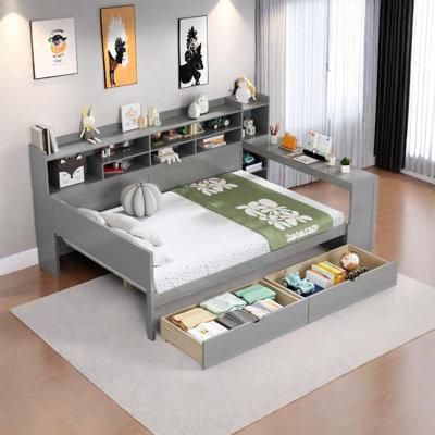 Wooden Daybed with Storage Shelves, Drawers, and Integrated Study Desk