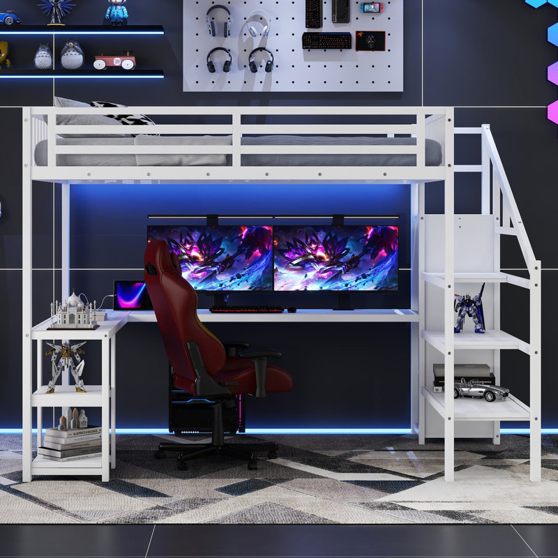 Grand lit mezzanine en métal avec éclairage à DEL, garde-robe et rangement sous le comptoir pour les adolescents