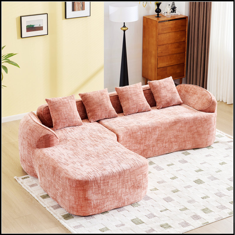 Canapé de coin comprimé en chenille avec mousse haute résilience, accoudoirs incurvés et quatre coussins décoratifs pour un confort optimal