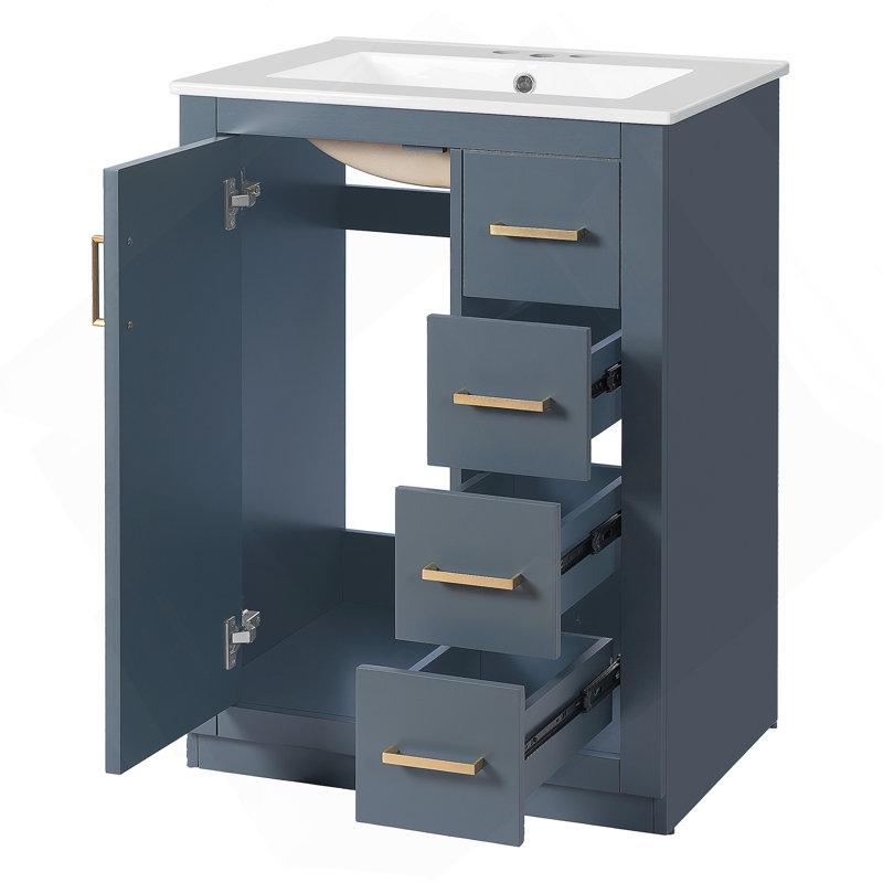 Meuble-lavabo bleu 24 po avec lavabo intégré en céramique, 3 tiroirs et 1 porte pour les petites et moyennes salles de bain