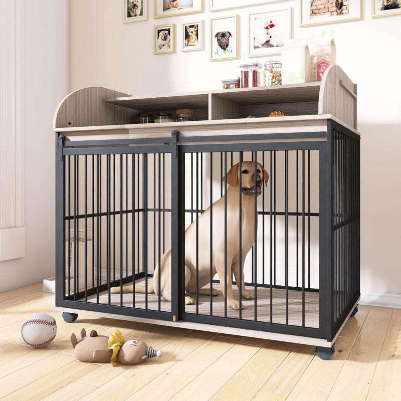 Large Dog Crate With Lockable Wheels, Gray