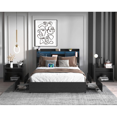 Cadre avec 4 tiroirs de rangement Cadre grand lit avec tête de lit et tablette de rangement, lit de rangement avec DEL et station de charge