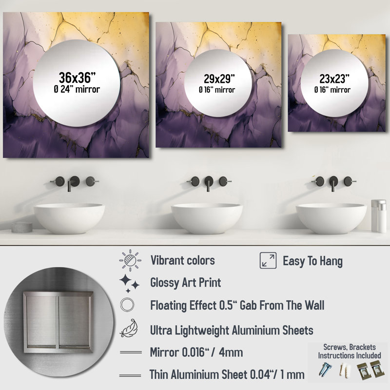 Eichi - Grand miroir mural carré en forme de nuage encre mauve et fractale or et fractales, 36 po x 36 po