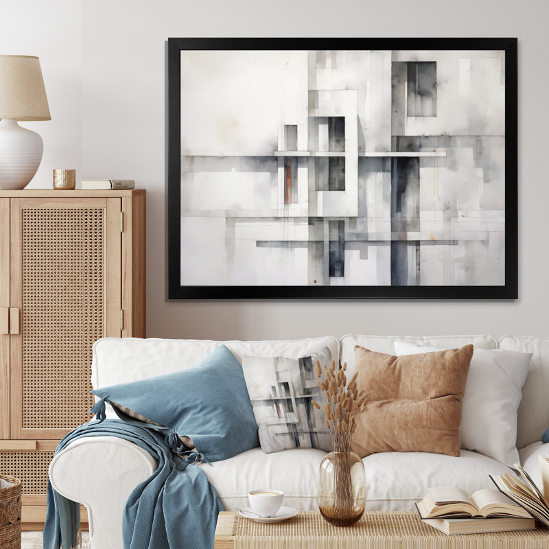 Gris abstrait zen III - minimalisme art mural, salon, H 16 po x l 32 po x P 1 po, Cadre simple noir