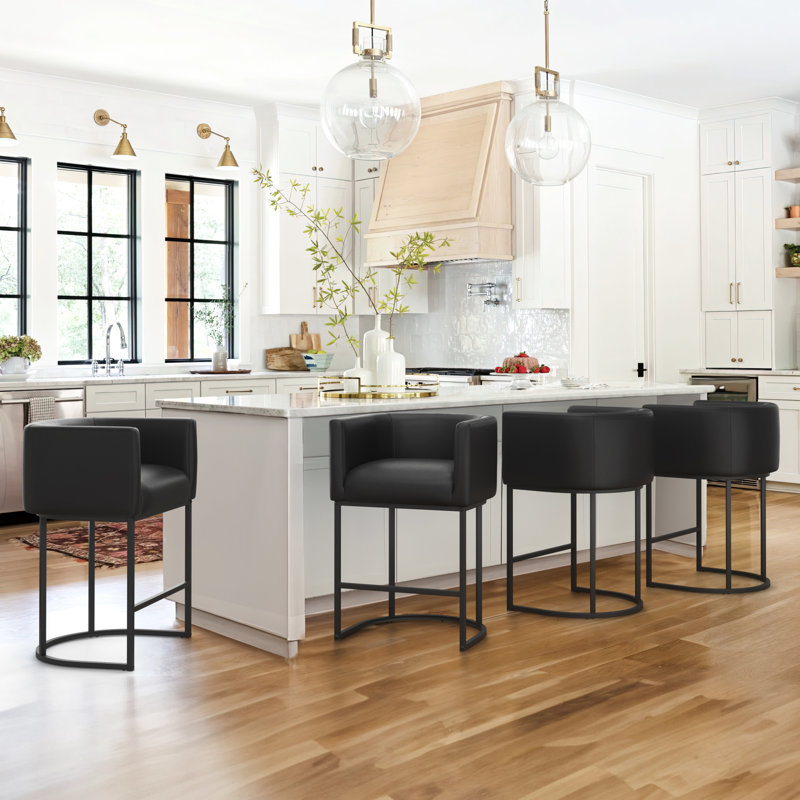 Clodomira 27" H Counter Height Bar Stools Set Of 4, Modern Barrel Counter Stools With Backrest And Arms, Metal Frames, Upholstered Accent Barstools For Kitchen Island