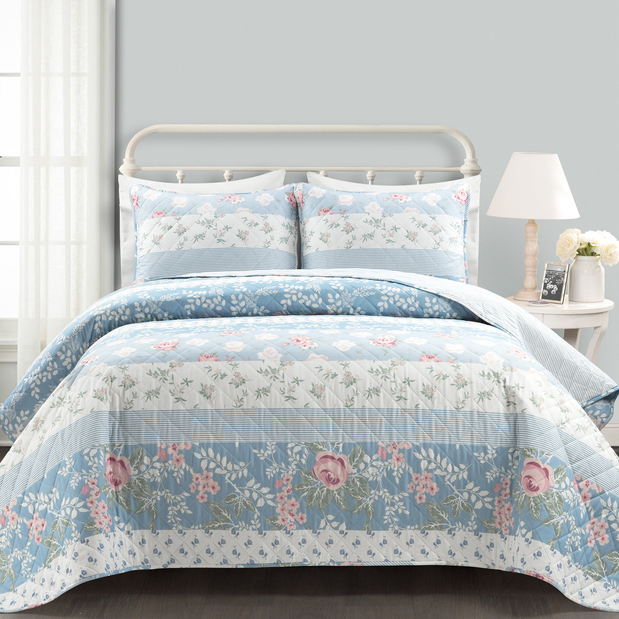 Lush Decor Cottage Core Flower Stripe Oversized Reversible Cotton & Reviews | Wayfair