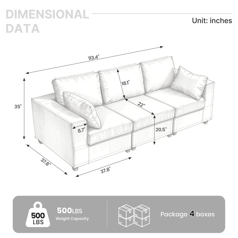 Canapé modulaire rembourré 3 pièces 3 pièces, Mélange de lin noir, H 26 po x l 113,3 po x P 37,8 po