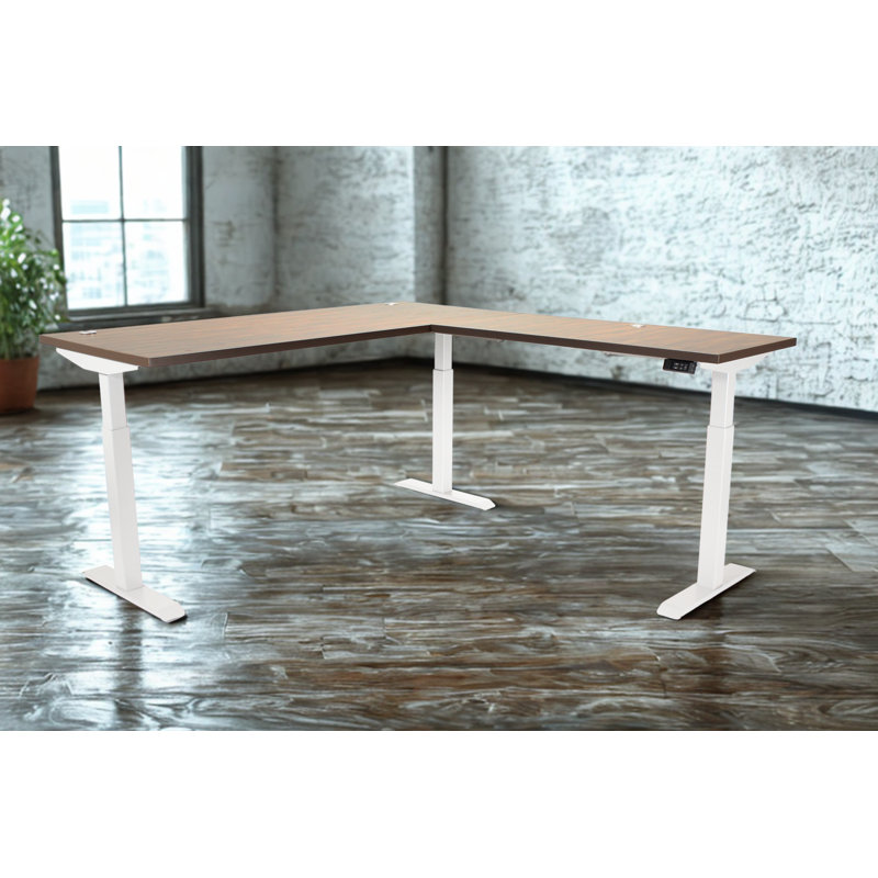 Skyline Electric Height Adjustable 66x30x48x24 L-Shape Standing Desk for Office and Home, Walnut Block Top with White Frame