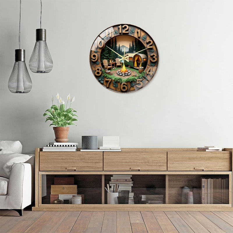 Scène de camping avec feu et remorque - horloge murale en verre 16 po