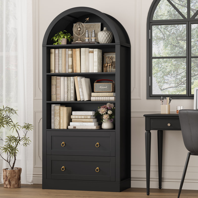 69.7"H Arched Bookcase With 2 Drawers, Black