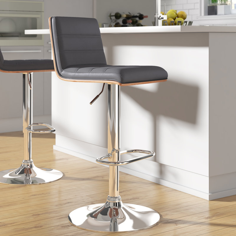 Mcmillon Swivel Adjustable Height Bar Stool with Pedestal Base in Faux Leather, Chrome, Walnut Wood, Gray Faux Leather