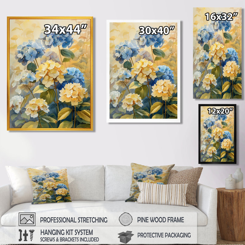 Impression d'art mural bleu et jaune, H 12 po x l 20 po, Encadrement argenté
