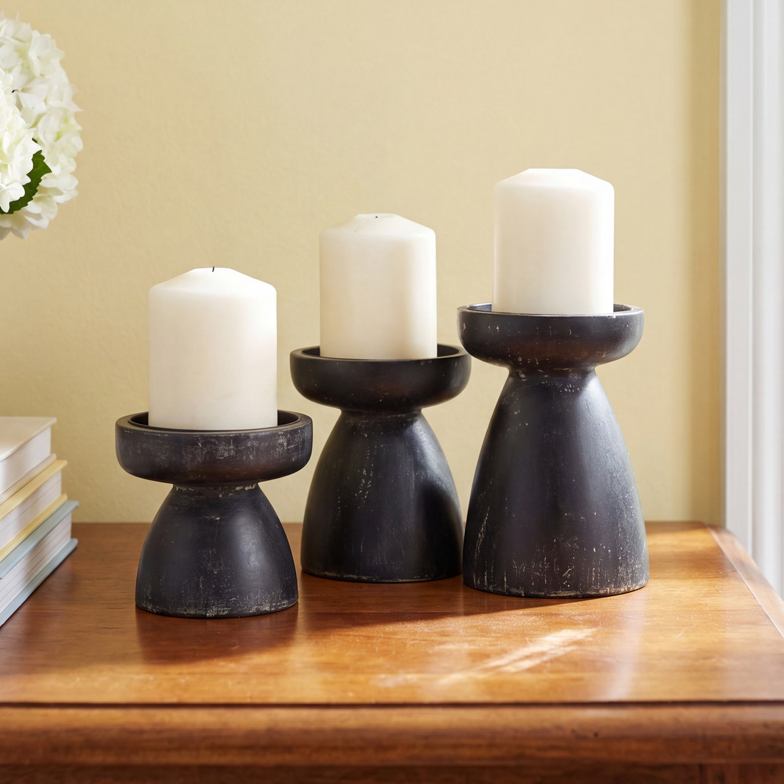 3 Piece Wood Tabletop Candlestick Set, Black