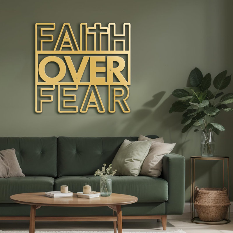 Faith Over Fear - Spiritual Quote Modern Abstract Wall Accent Sculpture Hanging Decoration Metal Wall Decor, Gold