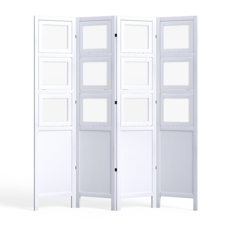4-Panel Picture Frame Style Room Divider, Pure White, White