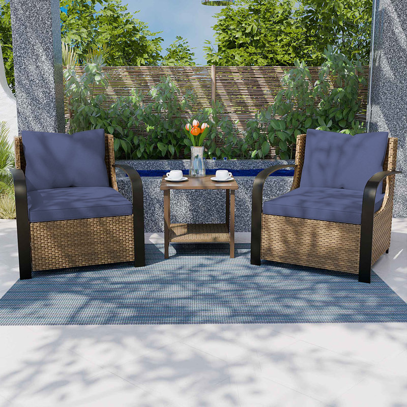 3-Piece 2-Person Wicker Patio Seating Group with Cushion, Blue