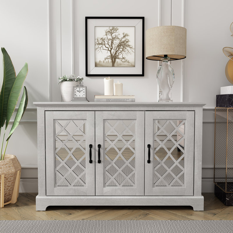 Soeren 45.73'' Modern Mirror Cutout Storage 3 Door Sideboard, Dusty Gray Oak