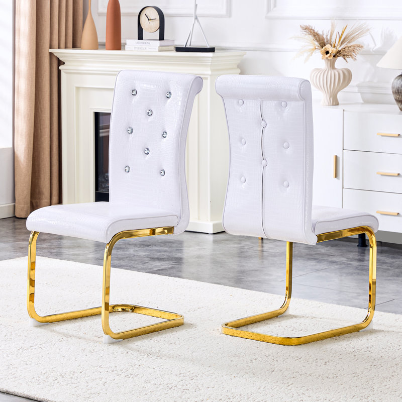 Dining Chairs Set of 2, Retro Alligator Skin Upholstered Dining Chairs with Metal Bow Legs for Dining Room & Kitchen (White, Golden Plated Leg )