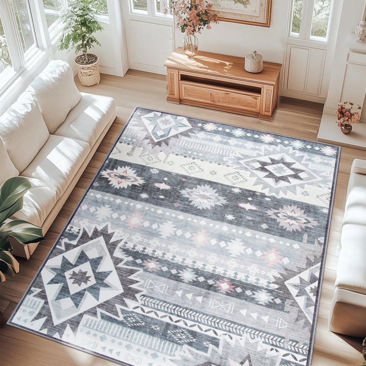 Wymond  Machine Washable Moroccan Area Rug Aztec Geometric Carpet With Non-Slip Backing