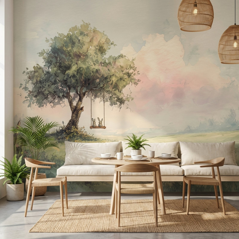 Watercolor Landscape Wallpaper Serene Nature Wall Mural, 180"x120", Non-Woven Nonpasted
