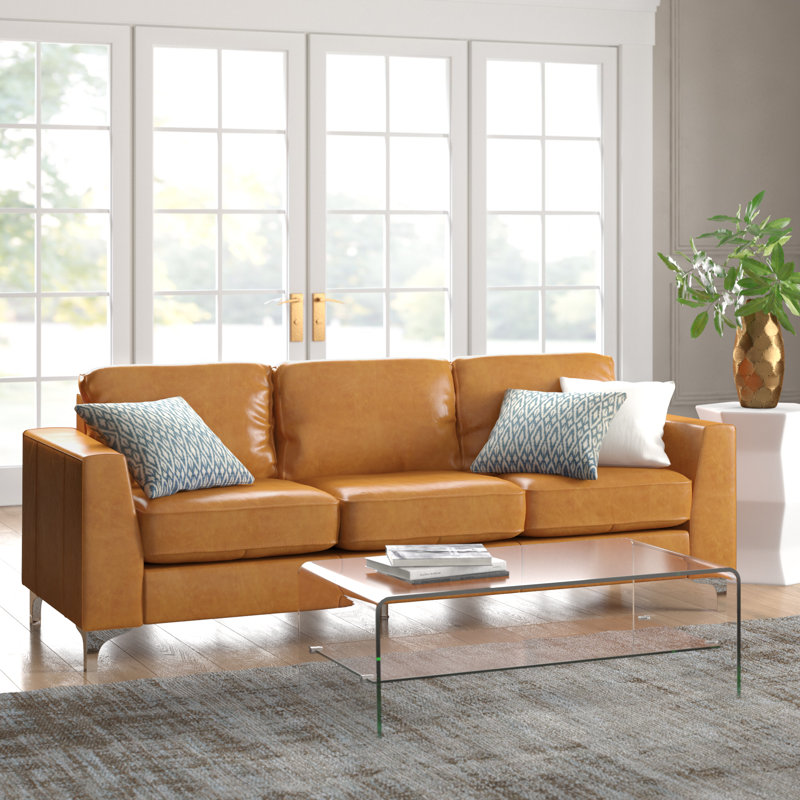 Shupe Upholstered 91.5'' Sofa, Caramel Leather Match