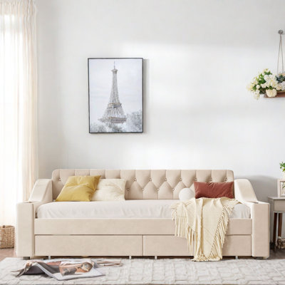 Upholstered Daybed With Storage Armrests, Usb Ports, Side Pockets, 2 Drawers And Button Tufted Design by Rosdorf Park